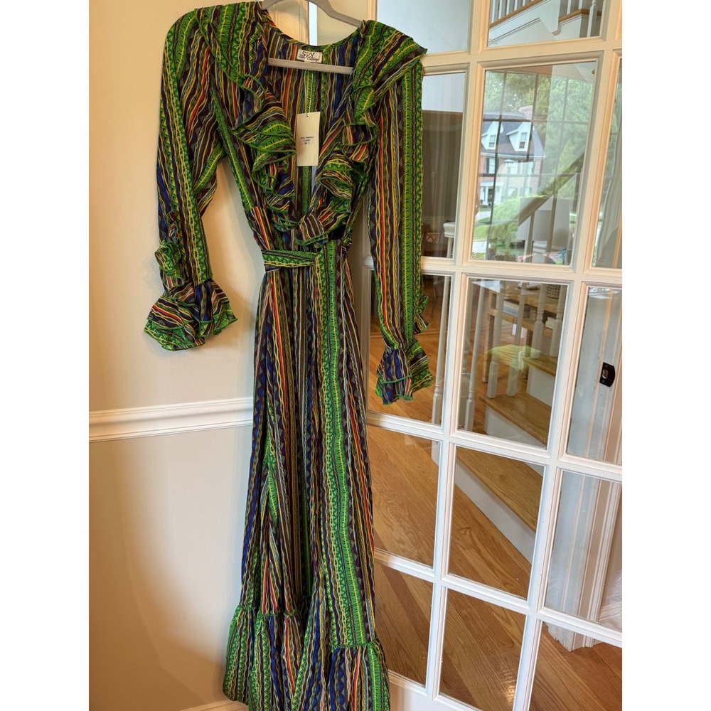 Spy Zone Exchange Divagrace Maxi Dress Green Multi Stripe Ruffle Boho NWT Small